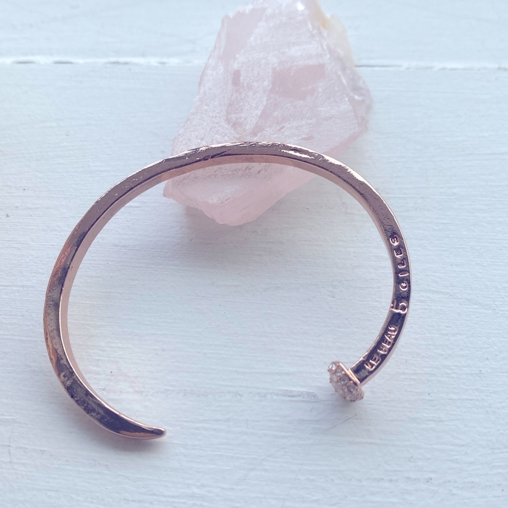 Giles & Brothers Rose Gold Railroad spike cuff with rhinestones.